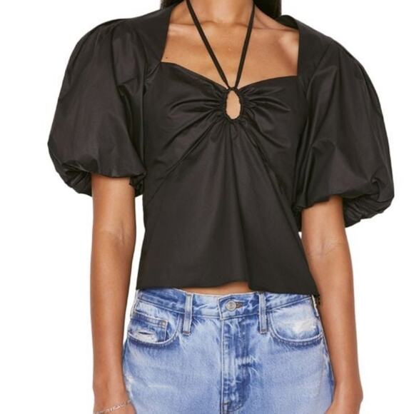 Frame Black Puff Sleeve Tie O Ring Cotton Blouse